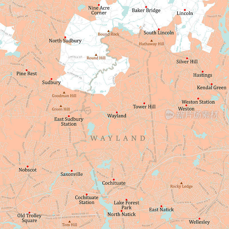 MA Middlesex Wayland矢量路线图